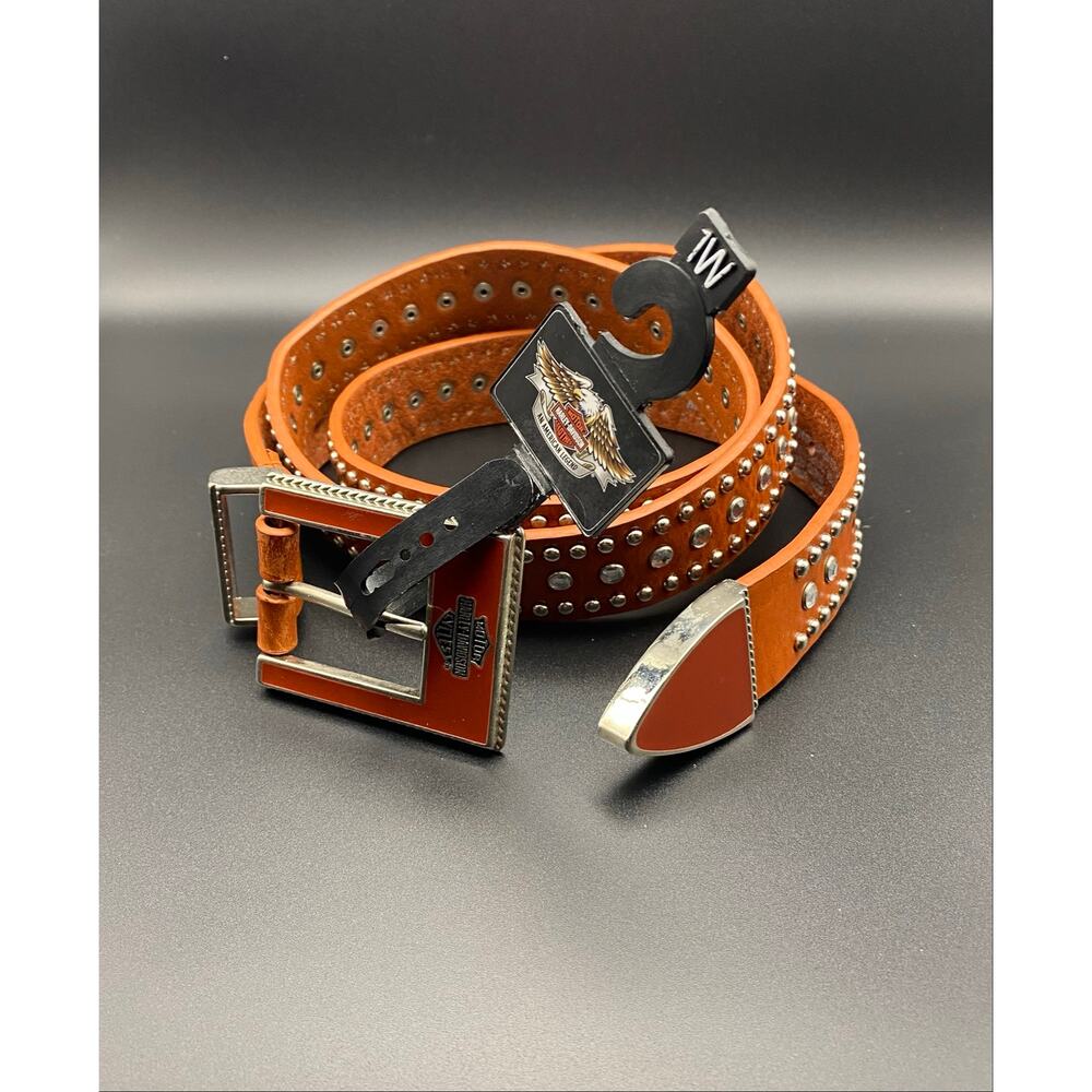 Y2K Vintage HARLEY DAVIDSON Leather STUDDED Brown Belt RHINESTONE Women’s -1W